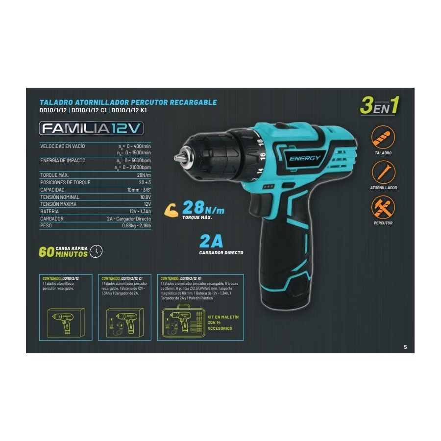 TALADRO PERCUT/ ATORN RECARGABLE DDI10/2/12 ENERGY