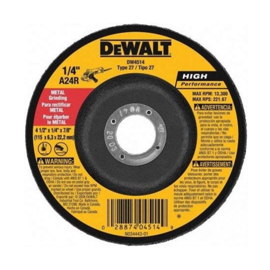 DISCO DESBASTE METAL 4,1/2"x 1/4 DEWALT DW4514F