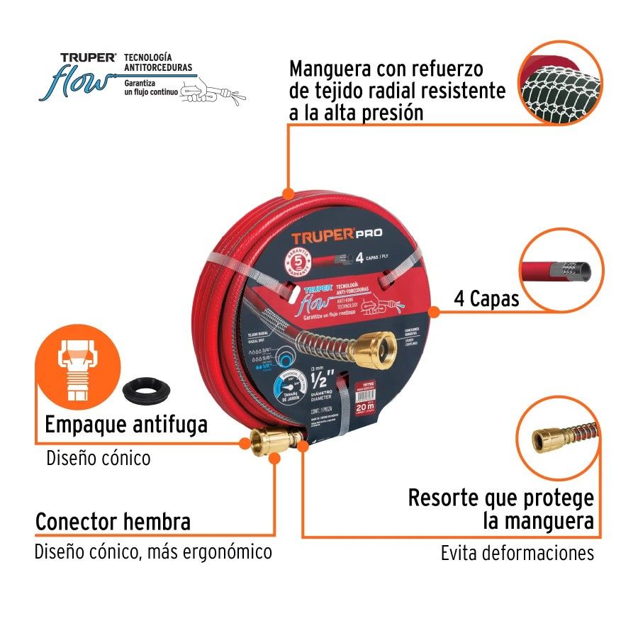 MANGUERA 1/2Pulg 20mt TRUPER 4 CAPAS 19792 ROJA