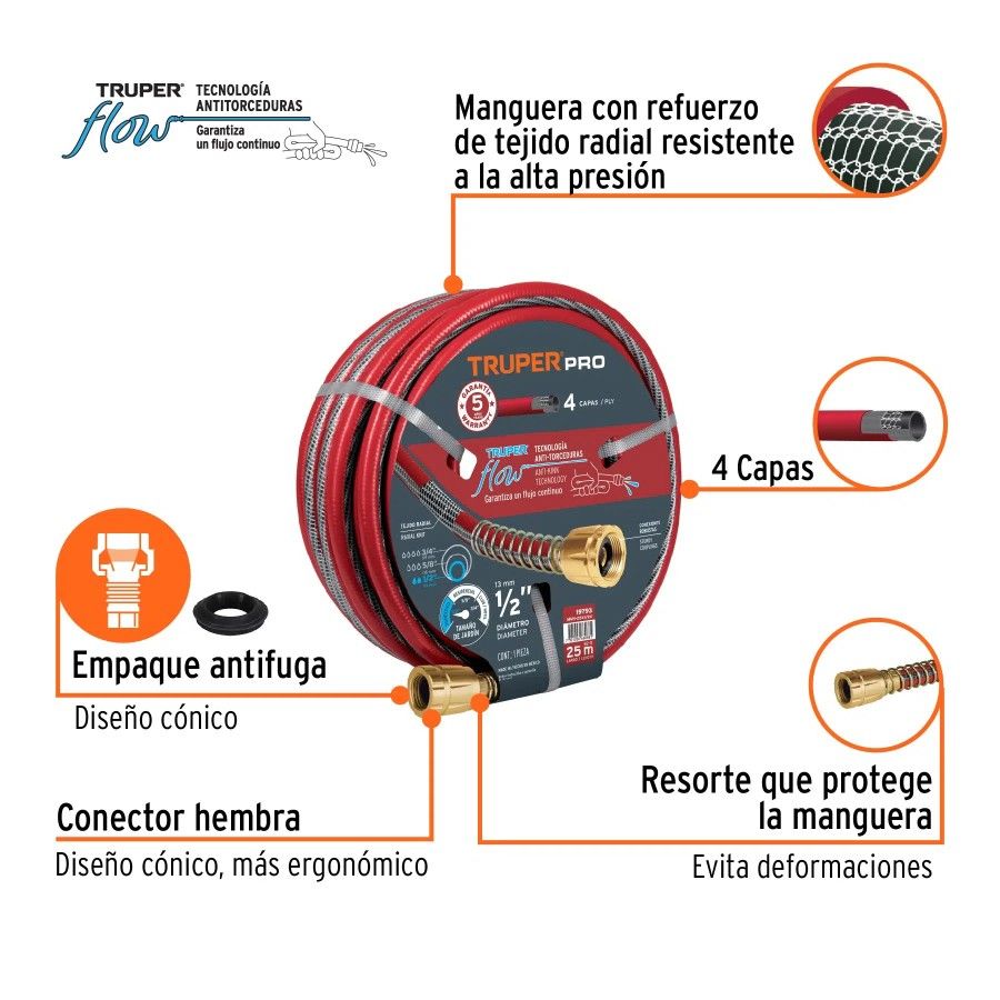 MANGUERA 1/2Pulg 25mt TRUPER 4 CAPAS 19793 ROJA